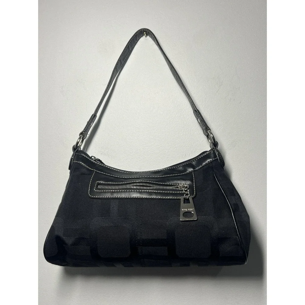 Y2K Nine West Black Canvas Shoulder Bag Purse Zip Top w/Silver Hardware 12x4x4